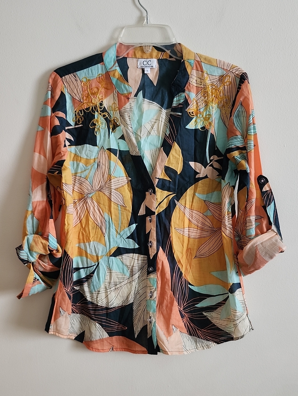 Chic Connection Coral Teal Mustard Floral Button-Front Shirt Cotton Embroidery